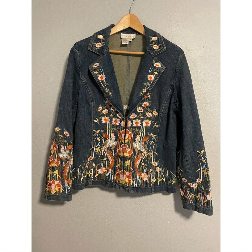 Vintage Floral Boho Embroidered Denim Jean Jacket Sz 8